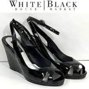White House Black Market Wedge Karen Black Patent Leather Sandals Size 6.5m